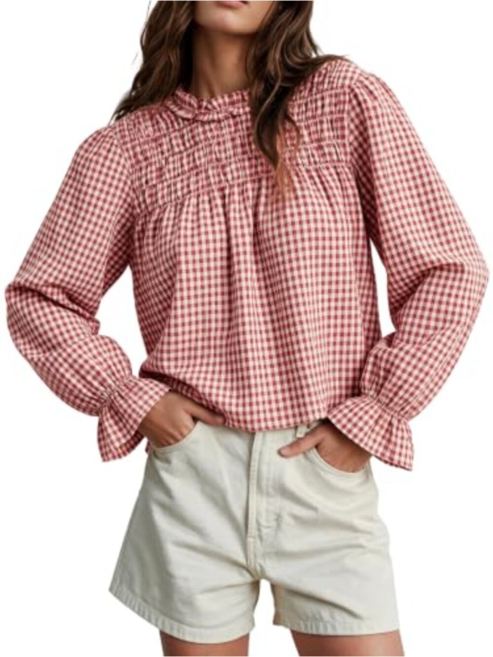 Womens Gingham Ruffle Collar Babydoll Top Puff Sleeve Blouse